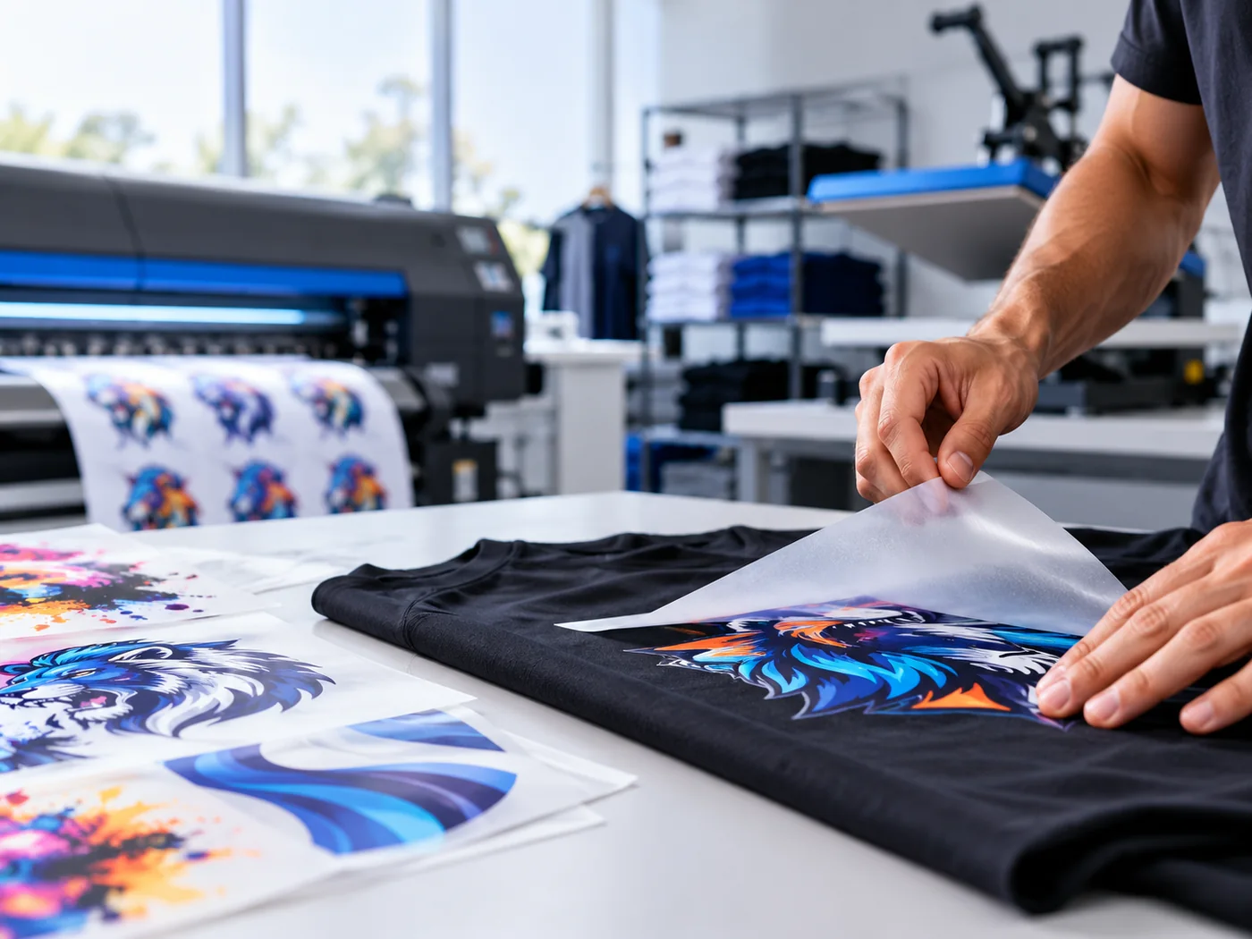 Aplicação de estampa DTF em camiseta durante a produção